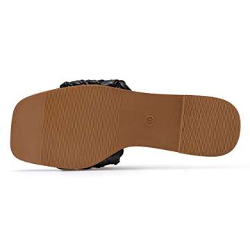 Athlefit Women's Square Open Toe Sandals Summer Casual Braided Strap Flat Slip On Slides Slippers Black Size 7.5