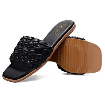 Athlefit Women's Square Open Toe Sandals Summer Casual Braided Strap Flat Slip On Slides Slippers Black Size 7.5