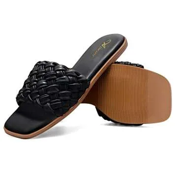 Athlefit Women's Square Open Toe Sandals Summer Casual Braided Strap Flat Slip On Slides Slippers Black Size 7.5