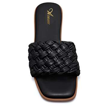Athlefit Women's Square Open Toe Sandals Summer Casual Braided Strap Flat Slip On Slides Slippers Black Size 7.5