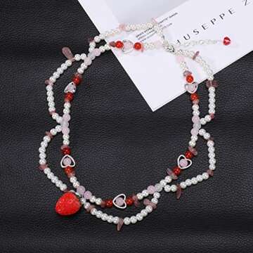 Strawberry Pearl Beaded Necklace For Woman Layered crystal Choker Necklace Jewelry