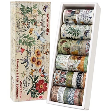24 Rolls Vintage Washi Tape Set - Floral, Letter, Butterfly & More for Creative Projects