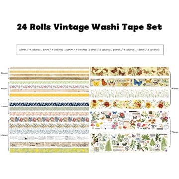 24 Rolls Vintage Washi Tape Set for Scrapbooking and Journaling