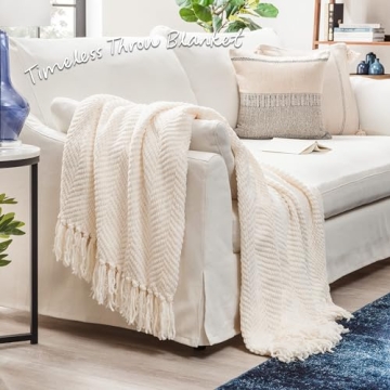 Chanasya Premium Textured Knit Throw Blanket with Tassels - Soft, Cozy Blanket for Couch, Bed, Living Room - 50" x 65” - Cream