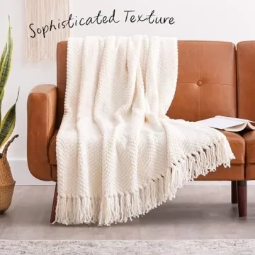 Chanasya Premium Textured Knit Throw Blanket with Tassels - Soft, Cozy Blanket for Couch, Bed, Living Room - 50" x 65” - Cream