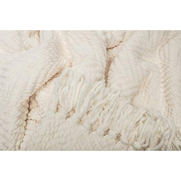 Chanasya Premium Textured Knit Throw Blanket with Tassels - Soft, Cozy Blanket for Couch, Bed, Living Room - 50" x 65” - Cream