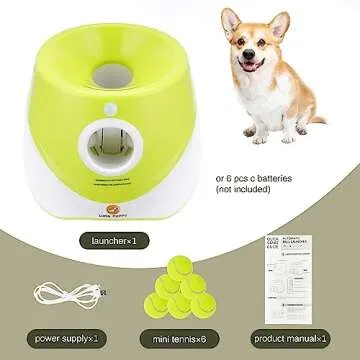 Elevon Automatic Dog Ball Launcher, Indoor/Outdoor Interactive Dog Toy with Three Ranges, Includes 6 Mini Tennis Balls and a Data Line, Suitable for Small and Medium-Sized Dogs, Green