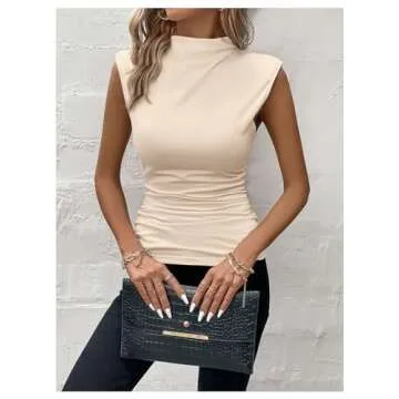 MakeMeChic Women's Casual Mock Neck Ruched Tank Top Sleeveless Slim Fit Summer Shirts