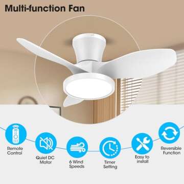 ocioc Quiet Ceiling Fan with LED Light DC motor 32 inch Large Air Volume Remote Control White for Ki...