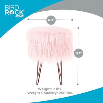 BIRDROCK HOME Pink Faux Fur Vanity Stool Chair - Soft Furry Compact Padded Seat - Vanity, Living Roo...