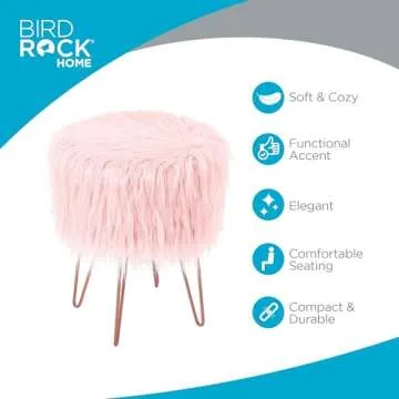 BIRDROCK HOME Pink Faux Fur Vanity Stool Chair - Soft Furry Compact Padded Seat - Vanity, Living Room, Bedroom and Kids Room Chairs - Hair Pin Metal Legs Upholstered Decorative Furniture Foot Rest