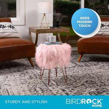 BIRDROCK HOME Pink Faux Fur Vanity Stool Chair - Soft Furry Compact Padded Seat - Vanity, Living Room, Bedroom and Kids Room Chairs - Hair Pin Metal Legs Upholstered Decorative Furniture Foot Rest