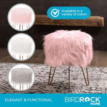 BIRDROCK HOME Pink Faux Fur Vanity Stool Chair - Soft Furry Compact Padded Seat - Vanity, Living Room, Bedroom and Kids Room Chairs - Hair Pin Metal Legs Upholstered Decorative Furniture Foot Rest