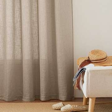 RYB HOME Linen Sheer Curtains for Living Room, Boho Classic Linen Blend Elegant Light Filtering Privacy Protected Panels Ceiling Curtains for Bedroom Gym Room, Khaki, 52" W x 108" L, 2 Panels