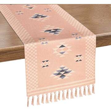 Alishomtll Braided Table Runner with Tassels Rose Pink Geometric Boho Table Runners for Summer, Spring Holiday, Catering Events, Dinner Parties, Wedding, Indoor and Outdoor Parties, 14" x 70"…