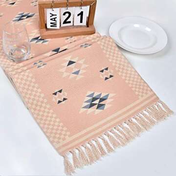 Alishomtll Braided Table Runner with Tassels Rose Pink Geometric Boho Table Runners for Summer, Spring Holiday, Catering Events, Dinner Parties, Wedding, Indoor and Outdoor Parties, 14" x 70"…