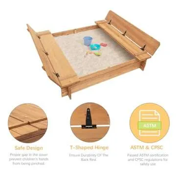 BIRASIL Wood Sandbox with 2 Bench Seats, Sand Boxes with Lid for Kids, Sand Pit with Cover for Outdoor Backyard Patio, 48 Inch