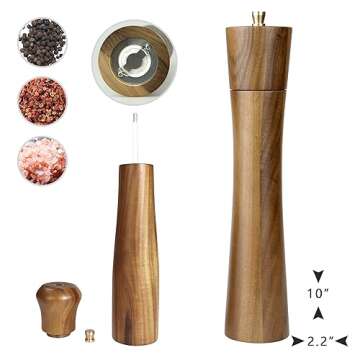 Artmujohn 10 inches Wooden salt and pepper grinder set, Acacia wood handicrafts mills shakers, Refil...