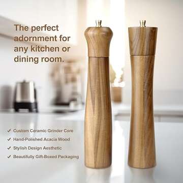 Artmujohn 10 inches Wooden salt and pepper grinder set, Acacia wood handicrafts mills shakers, Refillable spice grinders, Adjustable ceramic rotor grinder,Customize gift mills set (2pcs in box)
