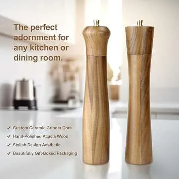 Artmujohn 10 inches Wooden salt and pepper grinder set, Acacia wood handicrafts mills shakers, Refillable spice grinders, Adjustable ceramic rotor grinder,Customize gift mills set (2pcs in box)