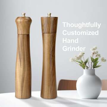 Artmujohn 10 inches Wooden salt and pepper grinder set, Acacia wood handicrafts mills shakers, Refillable spice grinders, Adjustable ceramic rotor grinder,Customize gift mills set (2pcs in box)