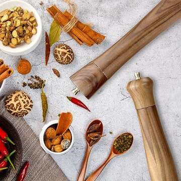 Artmujohn 10 inches Wooden salt and pepper grinder set, Acacia wood handicrafts mills shakers, Refillable spice grinders, Adjustable ceramic rotor grinder,Customize gift mills set (2pcs in box)