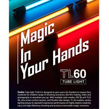 Godox TL60 Full-Color RGB Tube Light, CRI 96 TLCI 98 Accurate Color, 2700k-6500K Adjustable, 39 Ligh...