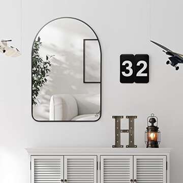 Catollova Arched Wall Mirror 24"x36", Metal Black Frame Bathroom Mirror, Wall decoration mirror, Suitable for Bedroom, Living Room, Entrance