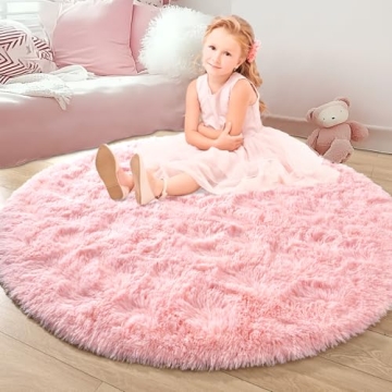 junovo Pink Round Rug 4x4 Feet Fluffy Soft Area Rugs for Kids Girls Room Princess Castle Plush Shagg...