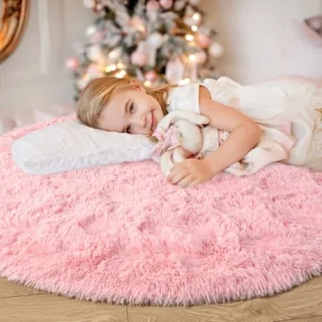 Junovo Pink Round Rug for Kids - Fluffy & Soft Area Rug