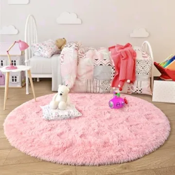 Junovo Pink Round Rug for Kids - Fluffy & Soft Area Rug
