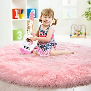 Junovo Pink Round Rug for Kids - Fluffy & Soft Area Rug
