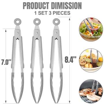 Mini Silicone Kitchen Tongs Set of 3 - Perfect for Cooking and Serving