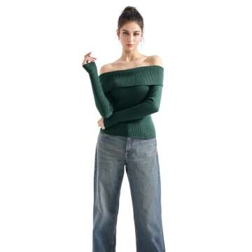 SUUKSESS Women Off Shoulder Sweater Long Sleeve Ribbed Knit Pullover Sweater Tops Going Out Fall Shi...
