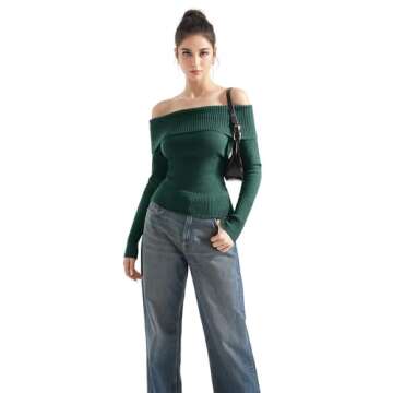 SUUKSESS Women Off Shoulder Sweater Long Sleeve Ribbed Knit Pullover Sweater Tops Going Out Fall Shirt (Dark Green, S)