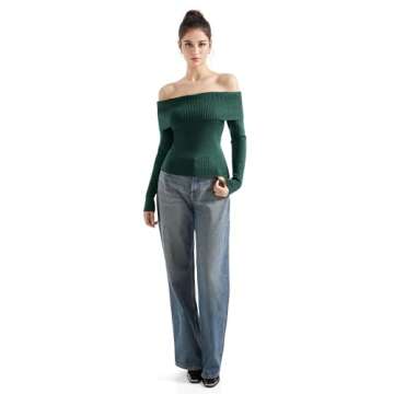 SUUKSESS Women Off Shoulder Sweater Long Sleeve Ribbed Knit Pullover Sweater Tops Going Out Fall Shirt (Dark Green, S)