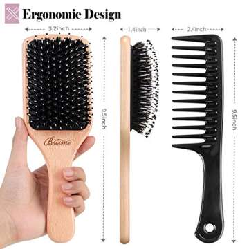 Hair Brush Boar Bristle Detangler Hair Brush and Wide Tooth Comb Set for Curly Thick Long Dry Wet Hair,Wooden Paddle Detangle Hair Brushes for Women Men Kids Detangling Smoothing Hair Adding Shine