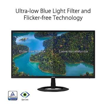 ASUS 22” (21.45” viewable) 1080P Eye Care Monitor (VZ22EHE) - Full HD, IPS, 75Hz, 1ms (MPRT), Adaptive-Sync, HDMI, Low Blue Light, Flicker Free, HDMI, VGA, Ultra-Slim,Black