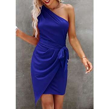 PRETTYGARDEN Women's Fashion One Shoulder Ruched Bodycon Fitted Cocktail Party Mini Dress (Royal Blue,Medium)