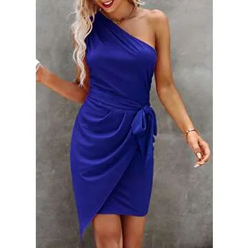PRETTYGARDEN Women's Fashion One Shoulder Ruched Bodycon Fitted Cocktail Party Mini Dress (Royal Blue,Medium)