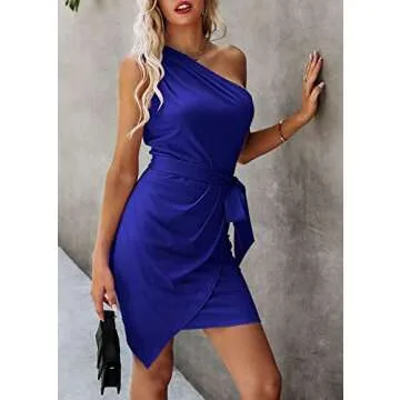 PRETTYGARDEN Women's Fashion One Shoulder Ruched Bodycon Fitted Cocktail Party Mini Dress (Royal Blue,Medium)