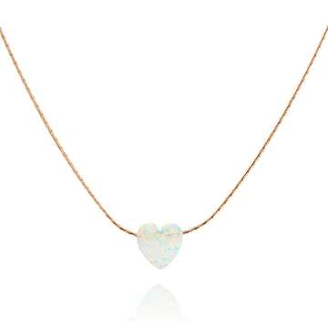 Tooliks - Rose Gold Filled White Opal Heart Choker Necklace - Designer Handmade Delicate Collar Chai...