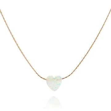 Tooliks - Rose Gold Filled White Opal Heart Choker Necklace - Designer Handmade Delicate Collar Chai...