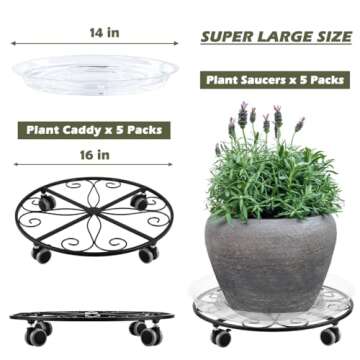5 Pack Plant Caddy with Wheels Heavy Duty 16 Inch Large Metal Plant Stand with Wheels Plant Dolly Rolling Plant Stand Plant Roller with Casters for Indoor and Outdoor with 5 Pack Plant Saucers, Black