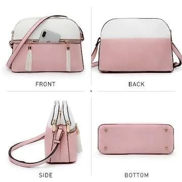 Dasein Women Tassel Zipper Pocket Crossbody Bag Shoulder Purse Fashion Travel Bag with Multi Pockets(1-Pink/White)