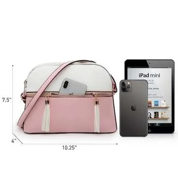 Dasein Women Tassel Zipper Pocket Crossbody Bag Shoulder Purse Fashion Travel Bag with Multi Pockets(1-Pink/White)