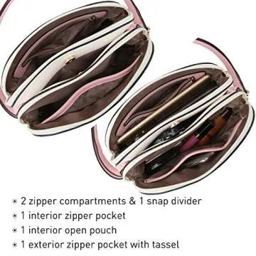Dasein Women Tassel Zipper Pocket Crossbody Bag Shoulder Purse Fashion Travel Bag with Multi Pockets(1-Pink/White)