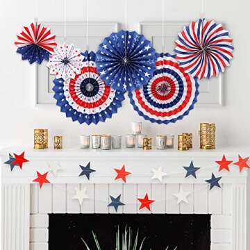 4th/Fourth of July Patriotic Decorations - Star Latex Balloons Party Supplies,Red White Blue Hanging Paper Fans,Star Streamers Patriotic, Independence Day Party Decor Supplies