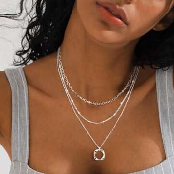 Cuzmly Layered Silver Necklaces for Women, 925 Sterling Silver Stackable Choker Necklaces for Women Trendy Layering Circle Pendant Chain Necklace Set Jewelry Gifts for Women Teen Girls, Brass, No