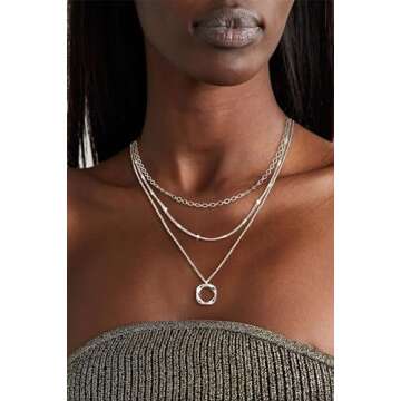 Cuzmly Layered Silver Necklaces for Women, 925 Sterling Silver Stackable Choker Necklaces for Women Trendy Layering Circle Pendant Chain Necklace Set Jewelry Gifts for Women Teen Girls, Brass, No